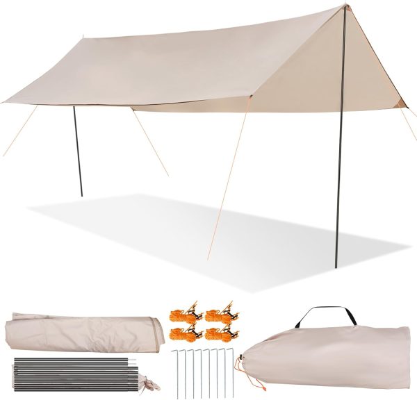Camping Tarp with Poles, 10 x 16.4 ft Large Camping Awning, Waterproof Tent Tarp, Picnic, Beach, Outdoor Activities, Hammock, Garden, Car